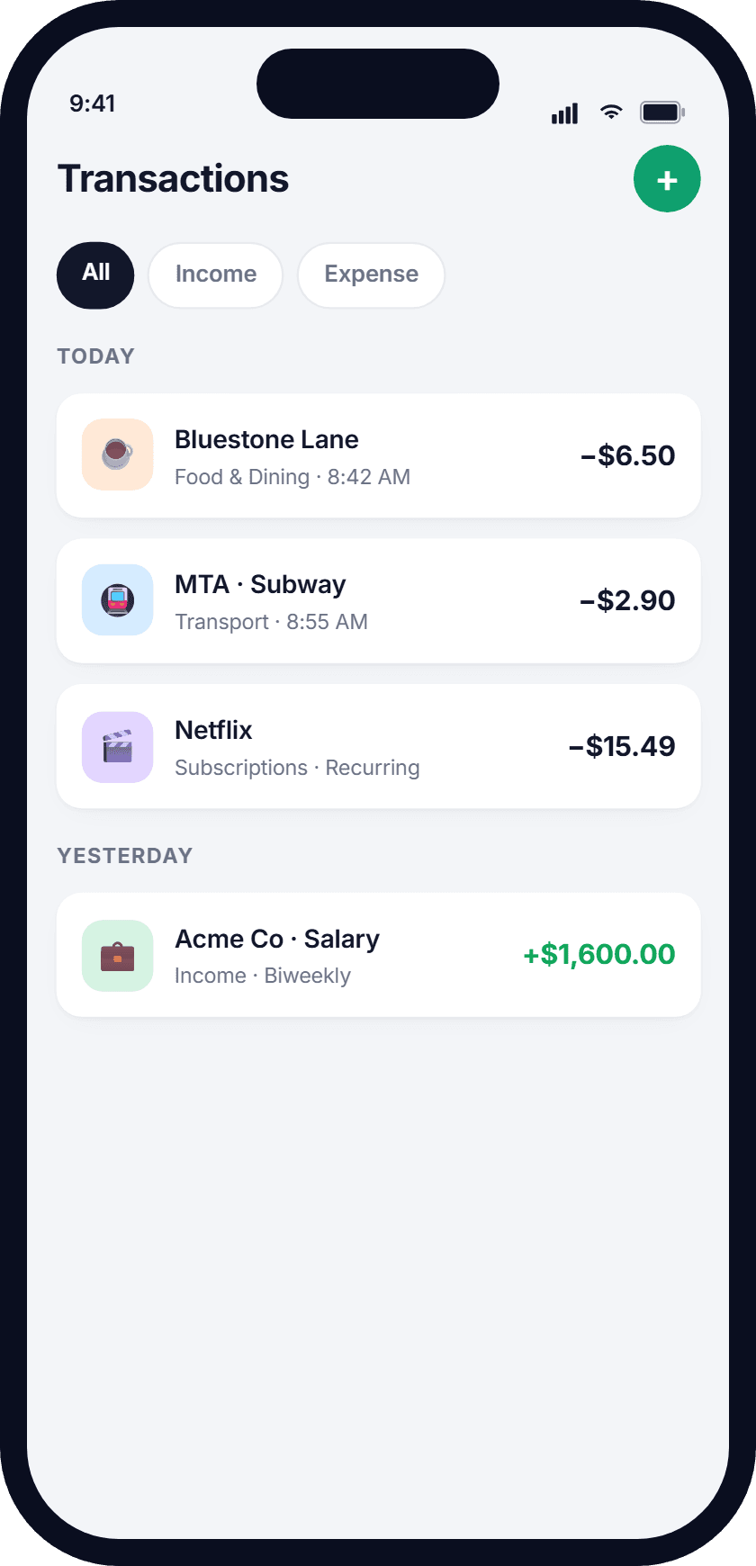 SaveFirst transactions screen